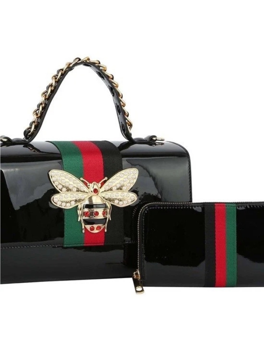 Black Patent Satchel with Jeweled Bee Accent and Matching Wallet